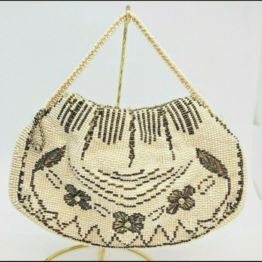 White Silver Beaded Purse Vintage Czechoslovakia Zippered Lined Beaded Handle
